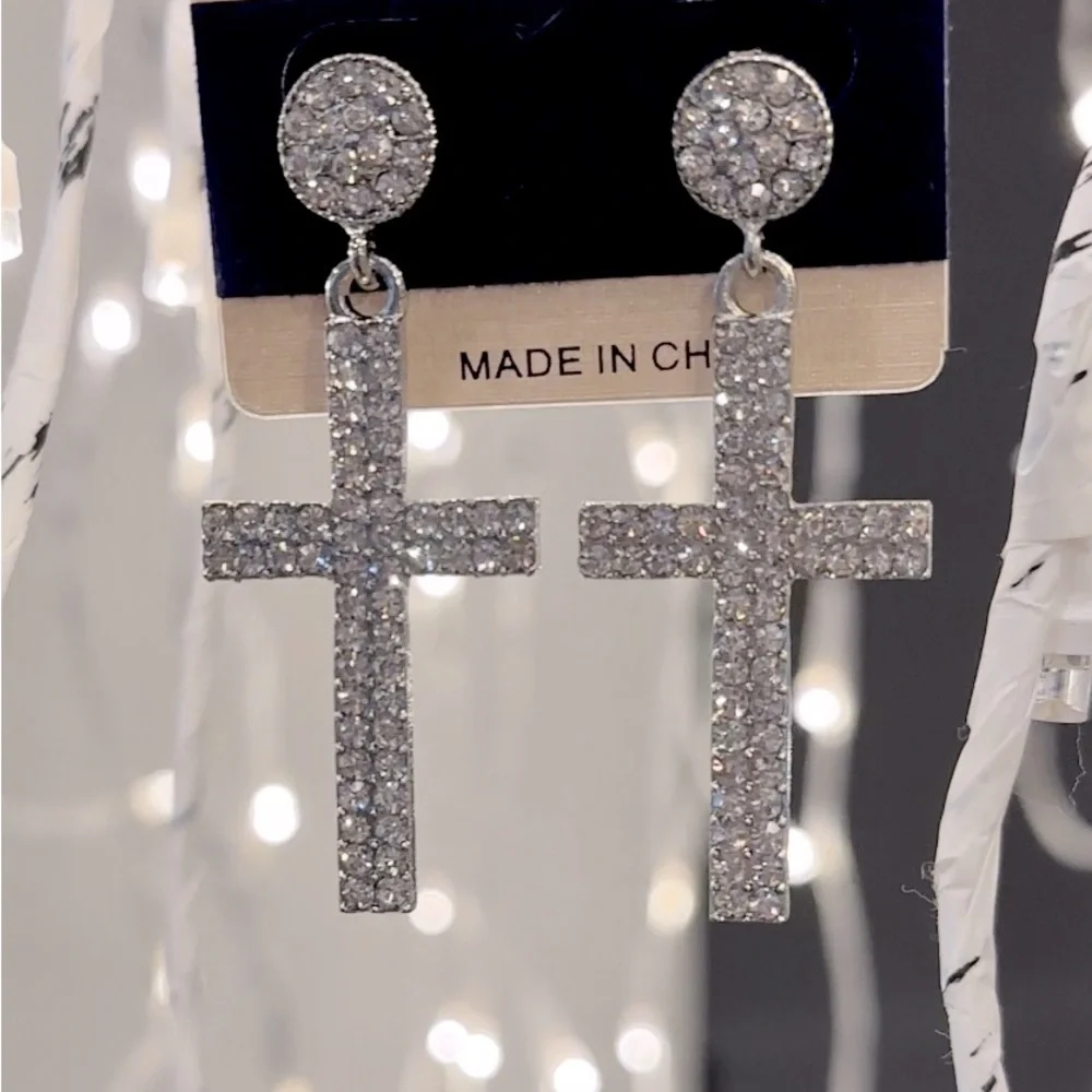 New Rhinestone Cross Drop Dangle Fashion Jewelry Earrings (Perfect Bundle Item!) - Picture 2 of 2
